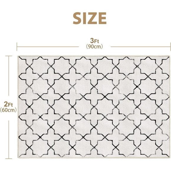 Moroccan Octagram Design Rug 2x3' Beige Black Distressed Non-Slip Washable Soft - Picture 3 of 7